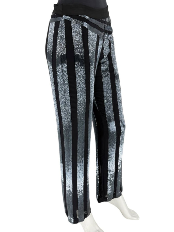 Pamella Roland Black & Silver Sequin-Striped Pants – Large