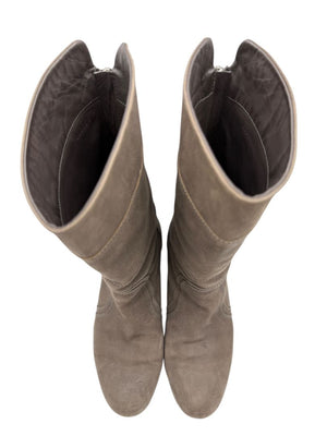 Chanel Taupe Leather Quilted-Heel Mid-Calf Boots – Size 36.5