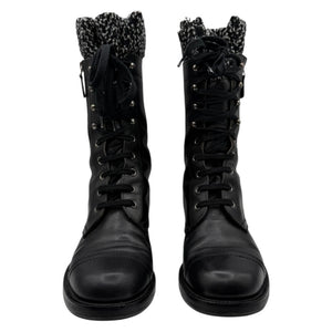 Chanel Black Leather Combat Boots with Knit Cuff – Size 41.5