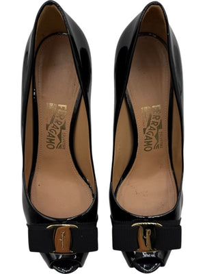 Salvatore Ferragamo Black Patent Leather Peep Toe Pumps – Size 8.5B