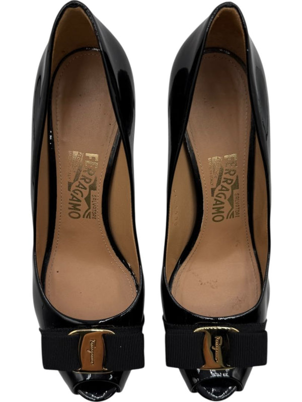 Salvatore Ferragamo Black Patent Leather Peep Toe Pumps – Size 8.5B