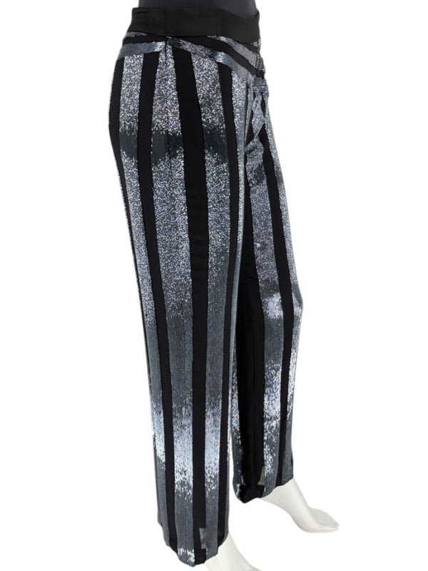 Pamella Roland Black & Silver Sequin-Striped Pants – Large