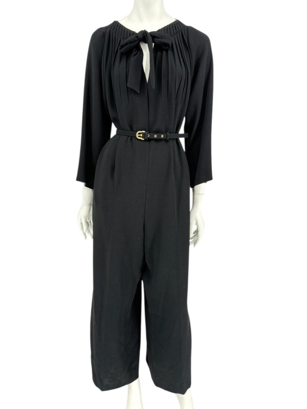 Escada Black Pleated Tie-Neck Belted Jumpsuit – Size EU 46