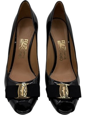 Salvatore Ferragamo Black Patent Leather Peep Toe Pumps – Size 8.5B