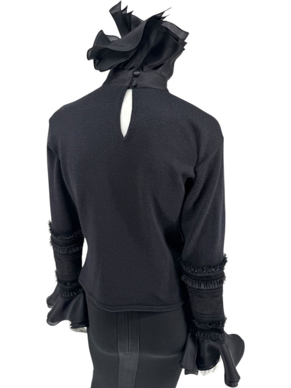 Zang Toi Black Wool-Cashmere Ruffled Fantasy Sleeve Top – Size XL