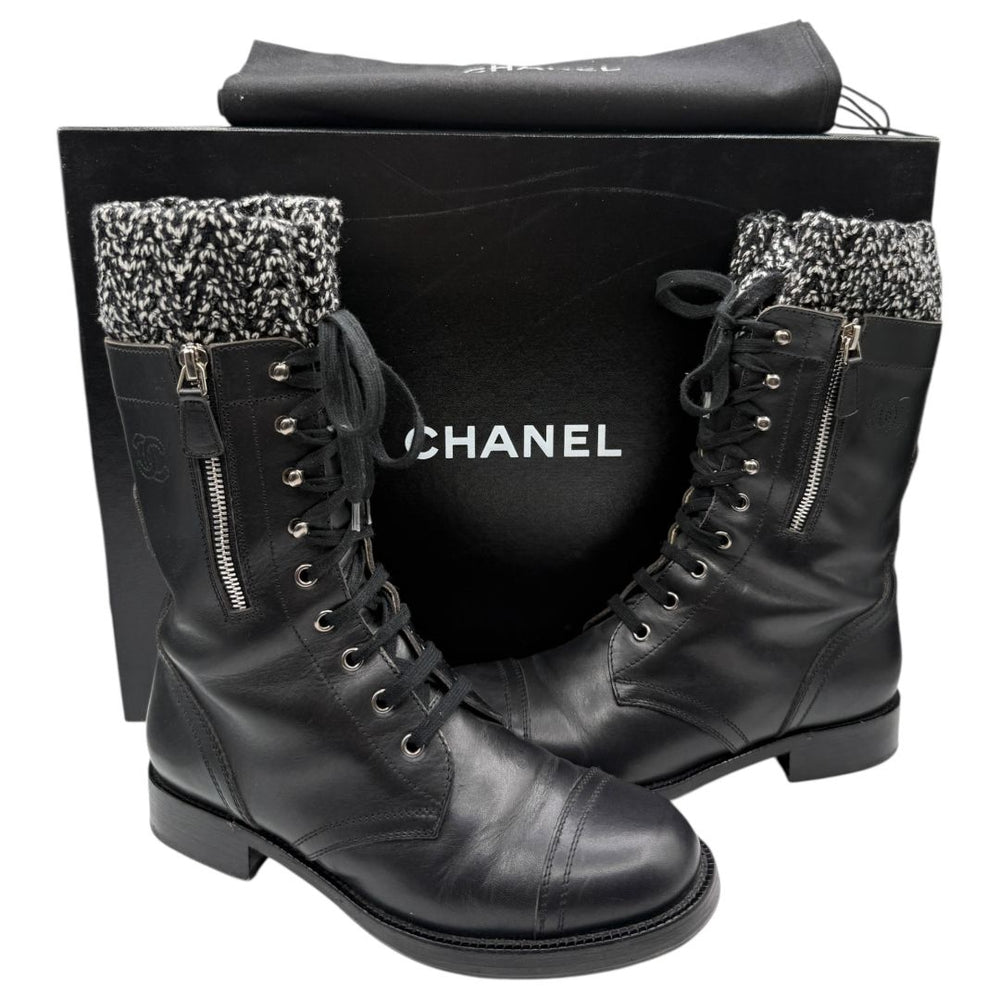 Chanel Black Leather Combat Boots with Knit Cuff – Size 41.5