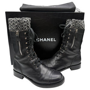 Chanel Black Leather Combat Boots with Knit Cuff – Size 41.5