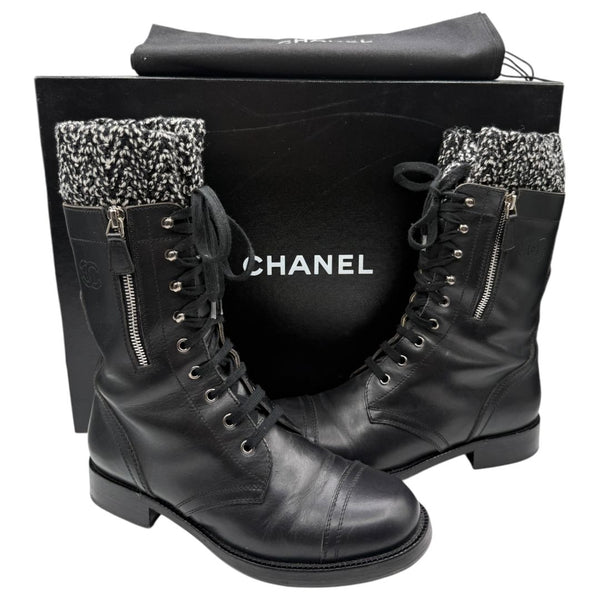 Chanel Black Leather Combat Boots with Knit Cuff – Size 41.5