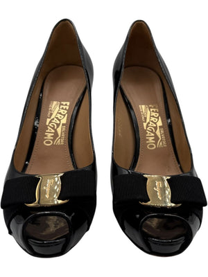 Salvatore Ferragamo Black Patent Leather Peep Toe Pumps – Size 8.5B