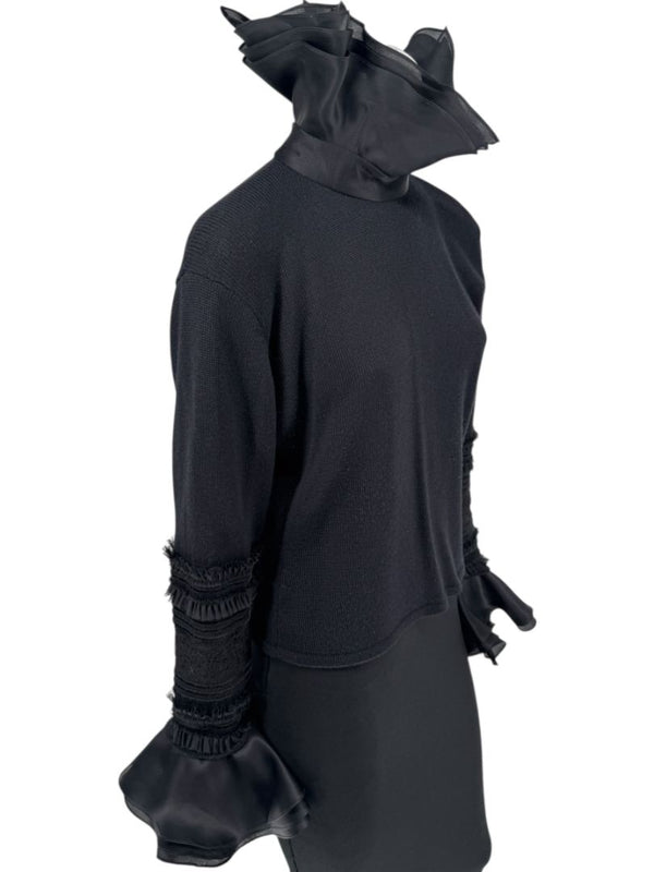Zang Toi Black Wool-Cashmere Ruffled Fantasy Sleeve Top – Size XL