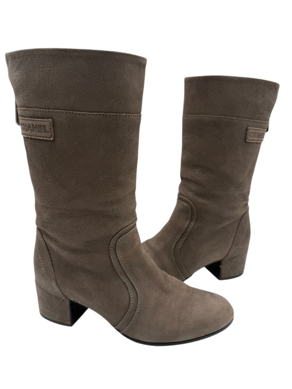 Chanel Taupe Leather Quilted-Heel Mid-Calf Boots – Size 36.5