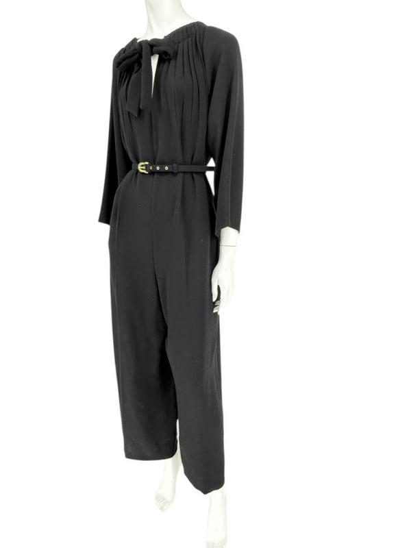 Escada Black Pleated Tie-Neck Belted Jumpsuit – Size EU 46