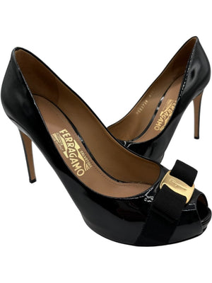 Salvatore Ferragamo Black Patent Leather Peep Toe Pumps – Size 8.5B
