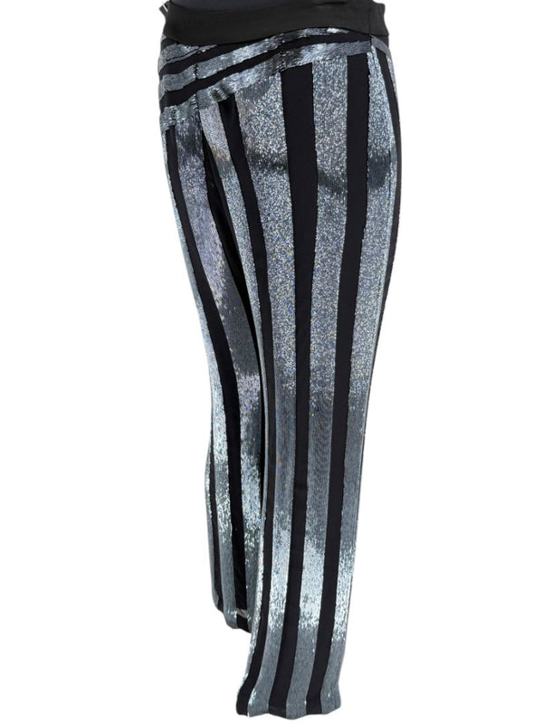 Pamella Roland Black & Silver Sequin-Striped Pants – Large