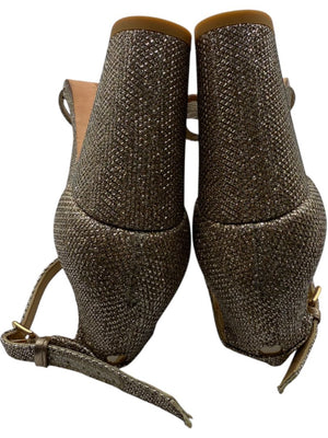 Stuart Weitzman Gold Glitter Ankle-Strap Block Heel Sandals – Size 8.5