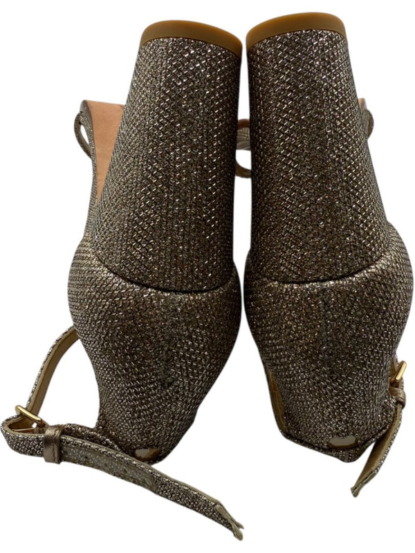 Stuart Weitzman Gold Glitter Ankle-Strap Block Heel Sandals – Size 8.5