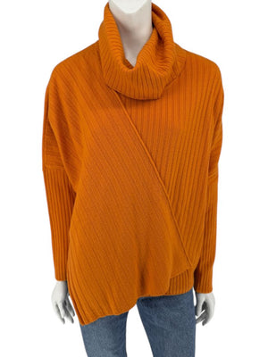 Lafayette 148 New York Burnt Orange Ribbed Wool Cowl Neck Sweater – Size L