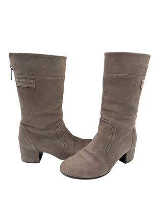 Chanel Taupe Leather Quilted-Heel Mid-Calf Boots – Size 36.5