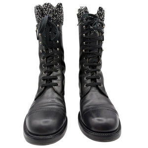 Chanel Black Leather Combat Boots with Knit Cuff – Size 41.5