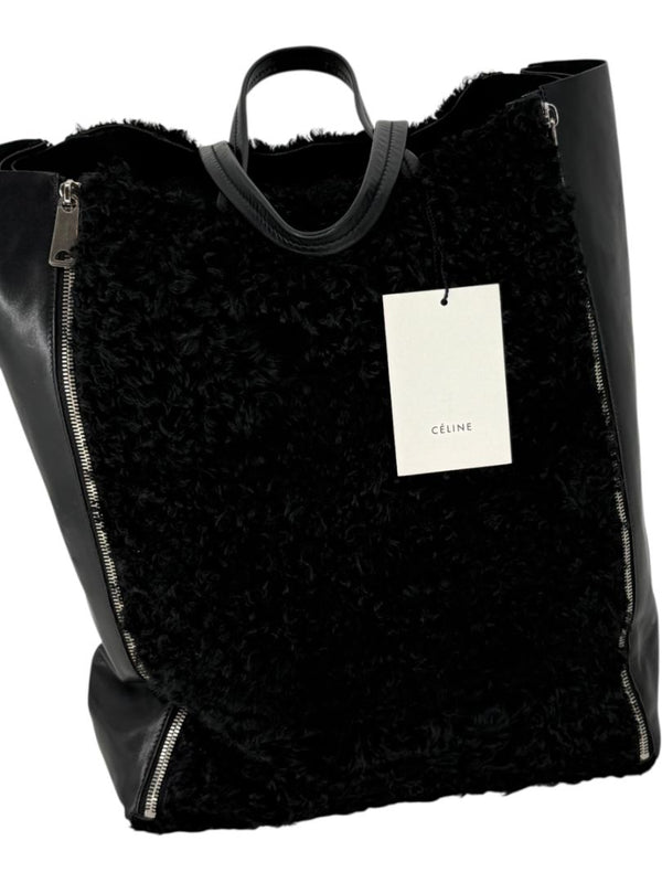 Céline Vertical Gusset Cabas Tote – Black Shearling & Lambskin