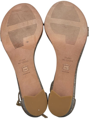 Stuart Weitzman Gold Glitter Ankle-Strap Block Heel Sandals – Size 8.5