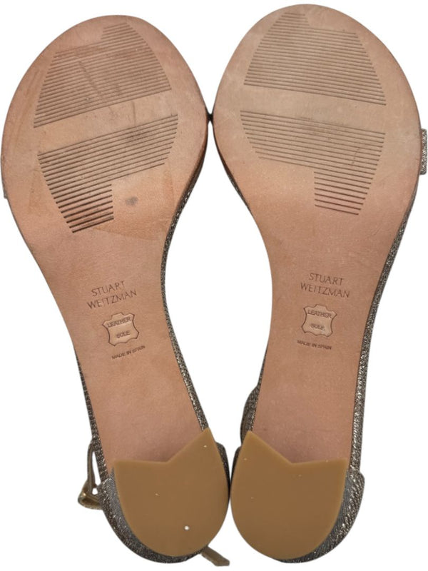 Stuart Weitzman Gold Glitter Ankle-Strap Block Heel Sandals – Size 8.5