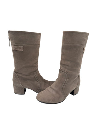 Chanel Taupe Leather Quilted-Heel Mid-Calf Boots – Size 36.5