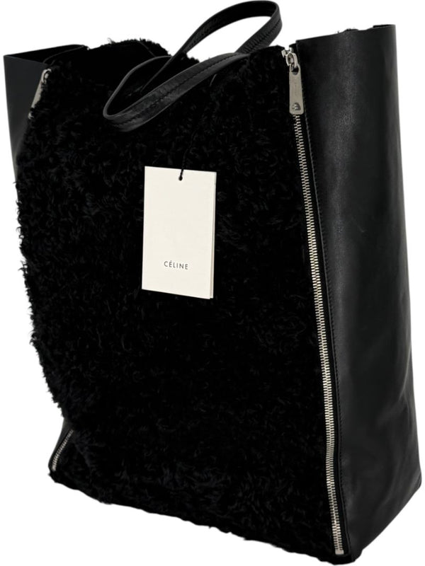 Céline Vertical Gusset Cabas Tote – Black Shearling & Lambskin