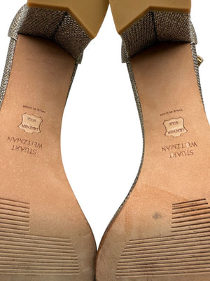 Stuart Weitzman Gold Glitter Ankle-Strap Block Heel Sandals – Size 8.5
