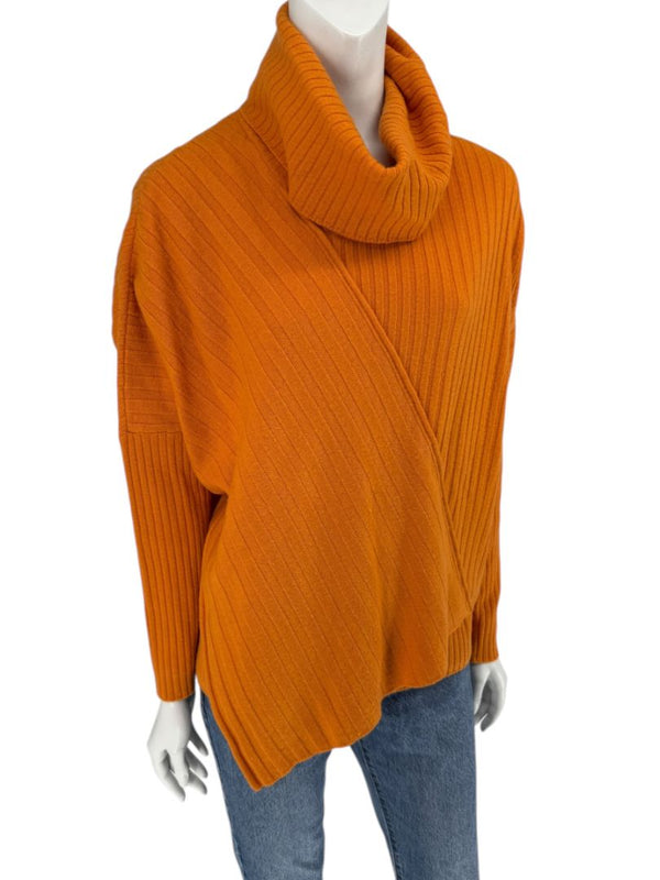 Lafayette 148 New York Burnt Orange Ribbed Wool Cowl Neck Sweater – Size L