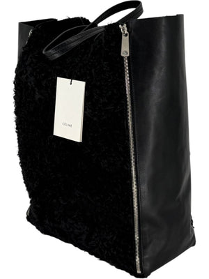 Céline Vertical Gusset Cabas Tote – Black Shearling & Lambskin