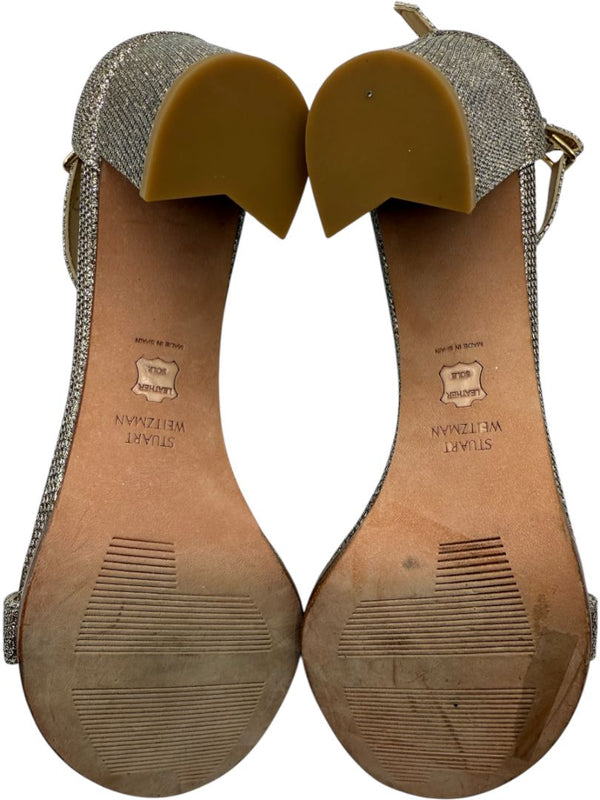 Stuart Weitzman Gold Glitter Ankle-Strap Block Heel Sandals – Size 8.5