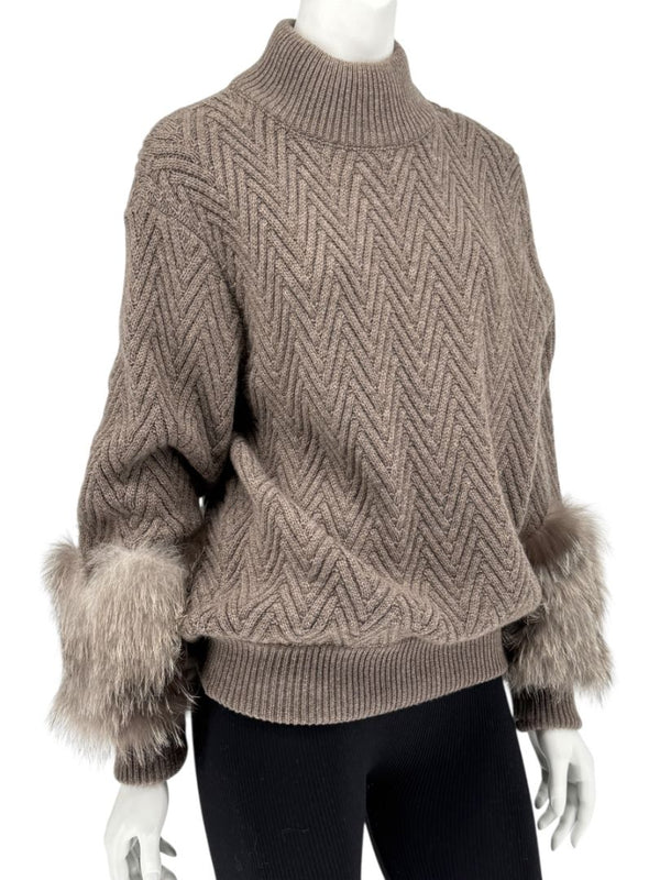 Agnona Taupe Chevron Cashmere Sweater with Fox Fur Cuffs – Size M