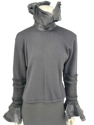 Zang Toi Black Wool-Cashmere Ruffled Fantasy Sleeve Top – Size XL