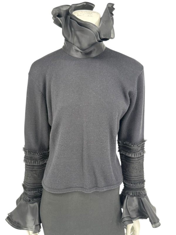 Zang Toi Black Wool-Cashmere Ruffled Fantasy Sleeve Top – Size XL