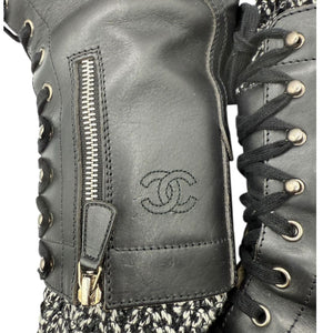 Chanel Black Leather Combat Boots with Knit Cuff – Size 41.5