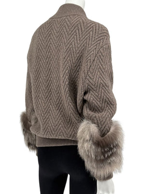 Agnona Taupe Chevron Cashmere Sweater with Fox Fur Cuffs – Size M