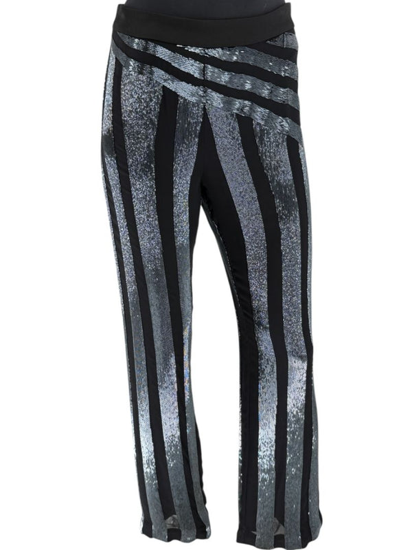 Pamella Roland Black & Silver Sequin-Striped Pants – Large