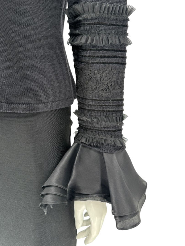 Zang Toi Black Wool-Cashmere Ruffled Fantasy Sleeve Top – Size XL