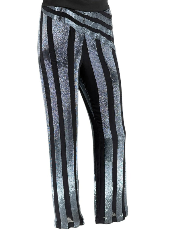 Pamella Roland Black & Silver Sequin-Striped Pants – Large