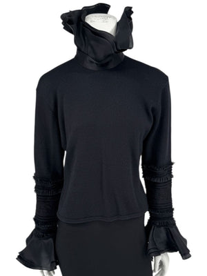 Zang Toi Black Wool-Cashmere Ruffled Fantasy Sleeve Top – Size XL
