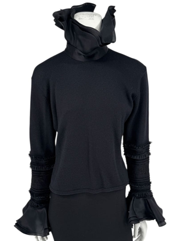 Zang Toi Black Wool-Cashmere Ruffled Fantasy Sleeve Top – Size XL