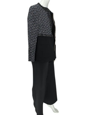 Escada Navy Bouclé & Crepe Zip-Front Jacket – Size 46