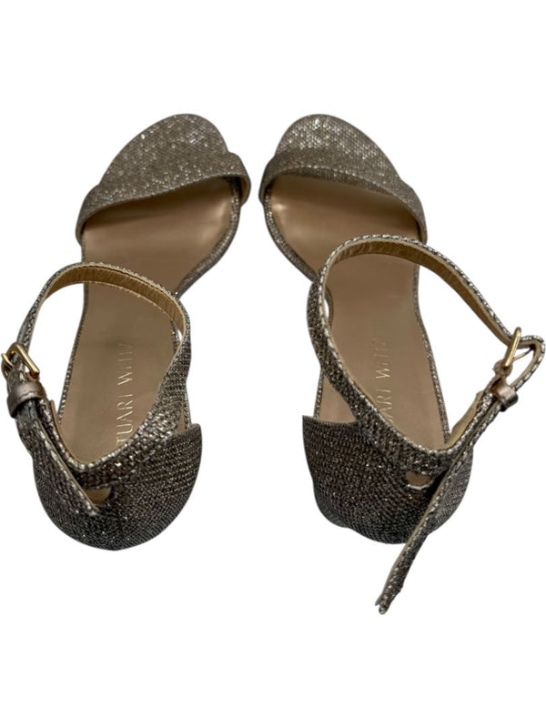 Stuart Weitzman Gold Glitter Ankle-Strap Block Heel Sandals – Size 8.5