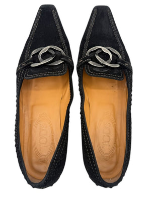 Tod’s Black Suede Chain-Detail Pumps – Size 6.5