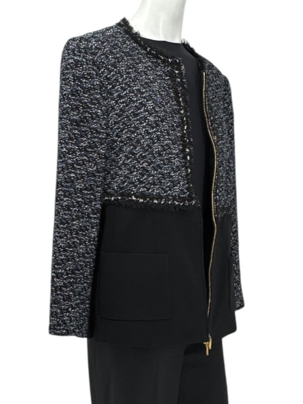 Escada Navy Bouclé & Crepe Zip-Front Jacket – Size 46