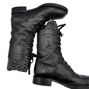 Chanel Black Leather Combat Boots with Knit Cuff – Size 41.5
