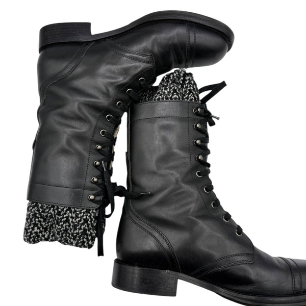 Chanel Black Leather Combat Boots with Knit Cuff – Size 41.5