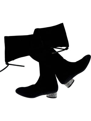 Stuart Weitzman Black Velvet Crystal Heel Over-the-Knee Boots – Size 9