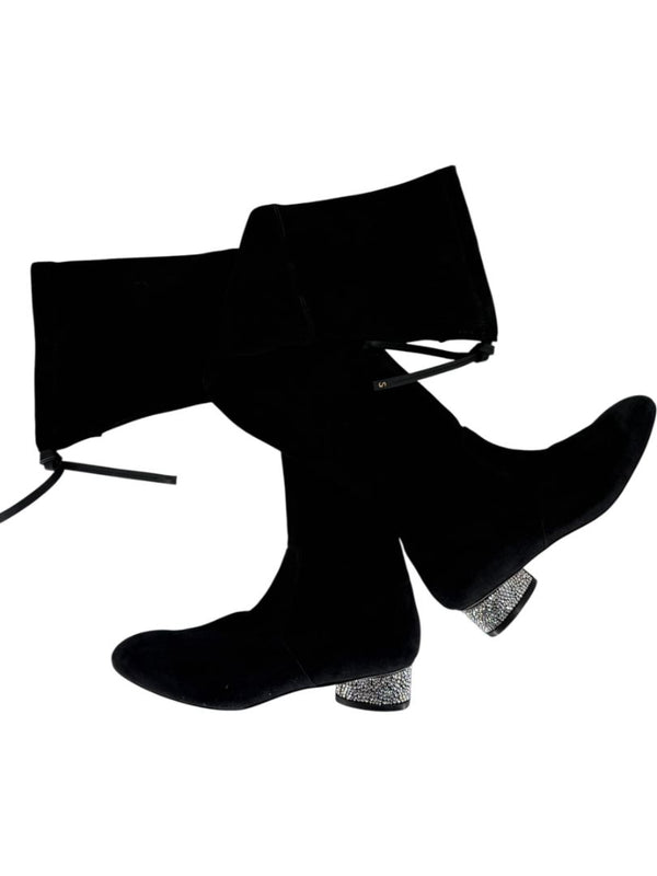Stuart Weitzman Black Velvet Crystal Heel Over-the-Knee Boots – Size 9